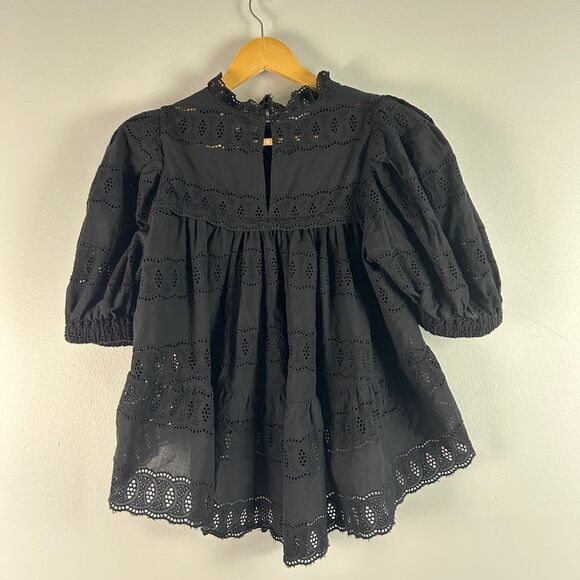 Anthropologie Othilia Black Eyelet Cotton Boho Blouse - Picture 3 of 10